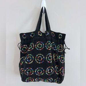 Vintage Beaded Drawstring Tote Bucket Bag